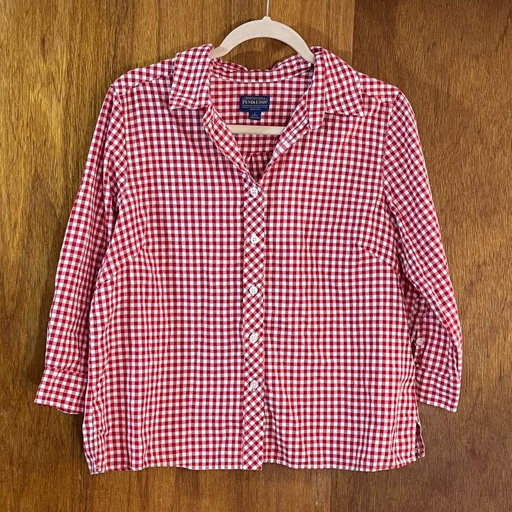 PENDLETON Red & White Gingham Cotton Button-Front Shirt Sz L